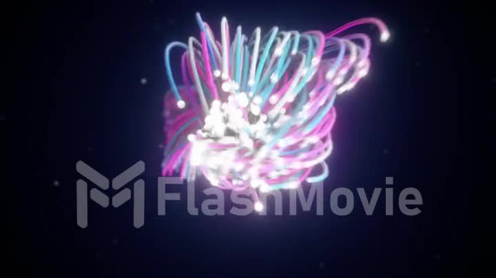 Spreading fiber wires in space. Camera movement for wires. The concept of distribution and transmission of information in the digital world. 3d render. Modern blue purple color spectrum