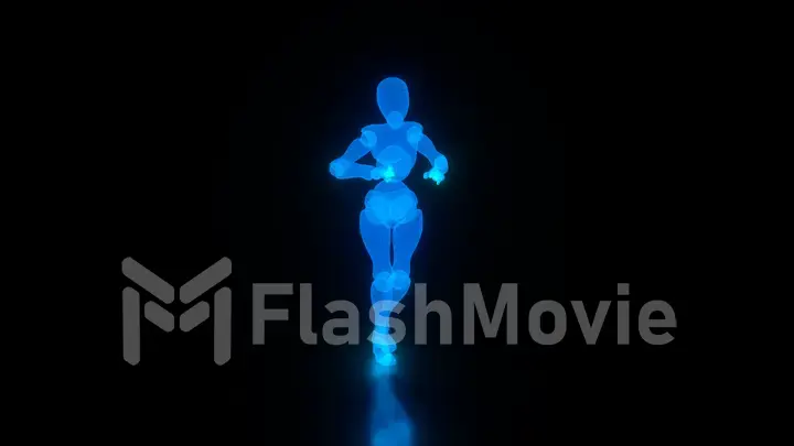 Dancing blue 3D character luminous artificial intelligence from polygons on the floor of the grid on the black isolated background 3d illustration