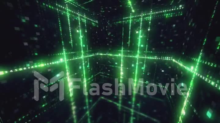 Rotating cube with hexadecimal machine code Abstract technological background with seamless loop in green color