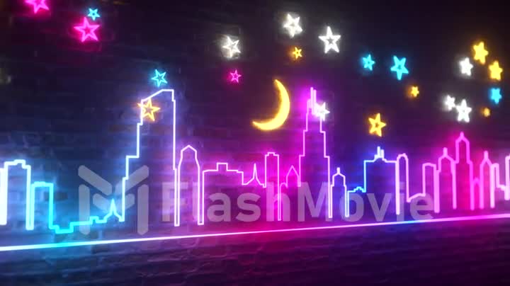 Shimmering neon night city against a brick wall with stars and the moon. Night city concept. Seamless loop 3d render