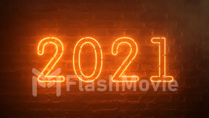 2021 fire orange neon sign background new year concept. Happy New Year. Brick background. Flicker light. 3d illustration