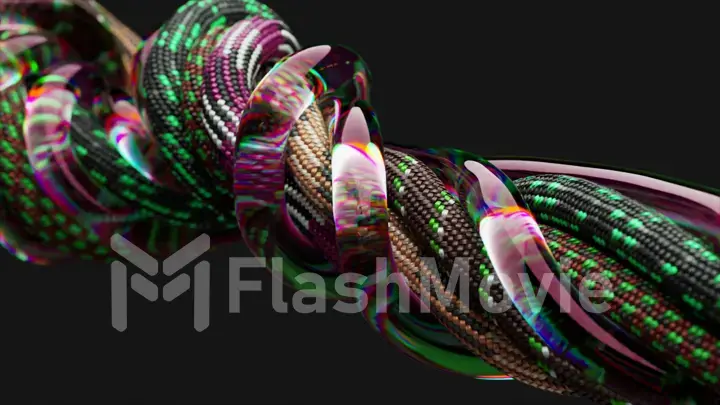 Wires and ropes randomly move, twist and unwind on a black background. Green and purple neon color. Wave.