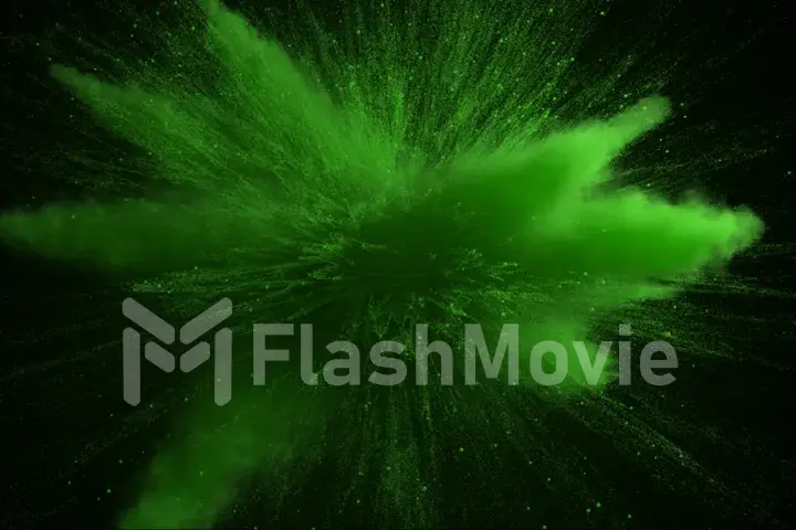 3d illustration of green colored powder explosion isolated on black background.