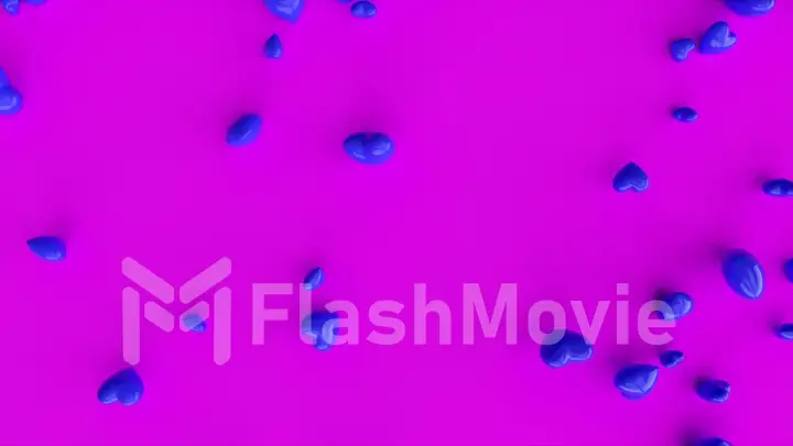 Many blue hearts falling into the pile of hearts on pink background. 3d illustration