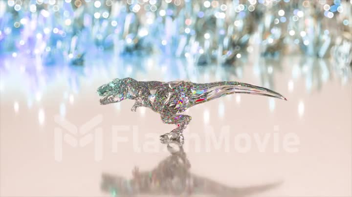 Diamond dinosaur walks on a glowing background. Slow motion. Brilliant, shining. 3d animation of seamless loop