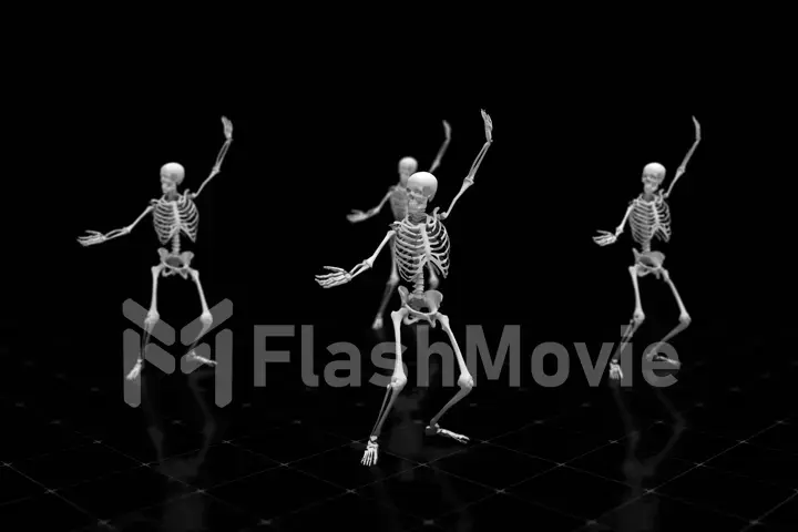 Three dancing skeletons on an isolated black background with reflective floor, 3d illustration