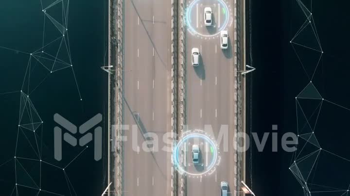 4k aerial view of self driving autopilot cars driving on a highway with technology tracking them, showing speed and who is controlling the car. Visual effects clip shot.