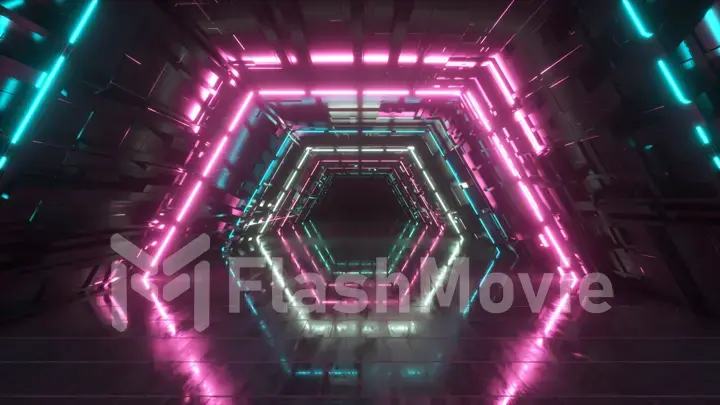 Flying in a bright neon geometric tunnel. Future technology. Modern color spectrum. Room interior with glowing neon fluorescent lamps. Futuristic architecture background. 3d illustration