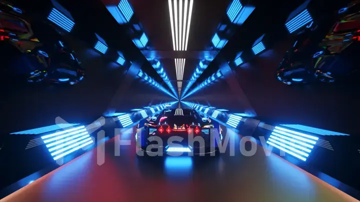 The car rushes at high speed through an endless neon technology tunnel. Futuristic concept. 3d illustration