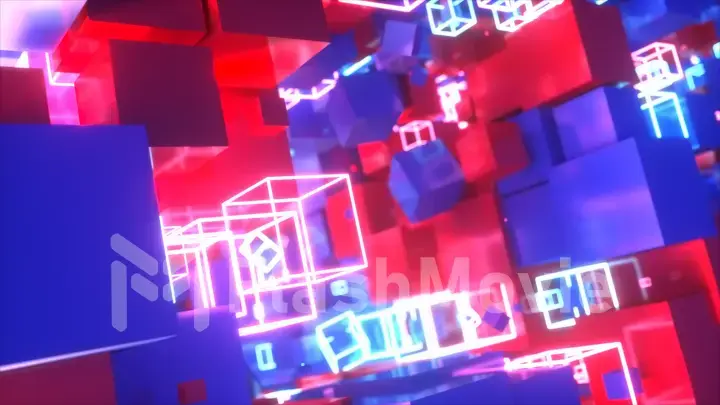 Abstract motion of colorful red and blue cubes with neon glowing cubes. 3d illustration