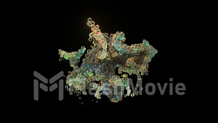 Many bubbles move randomly taking abstract shapes. Whirlwind, current. Green color. Black background.