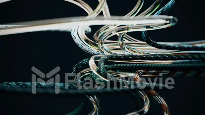 Colored electronic wires and ropes are twisted on a black background. Close-up. Computer industry equipment.