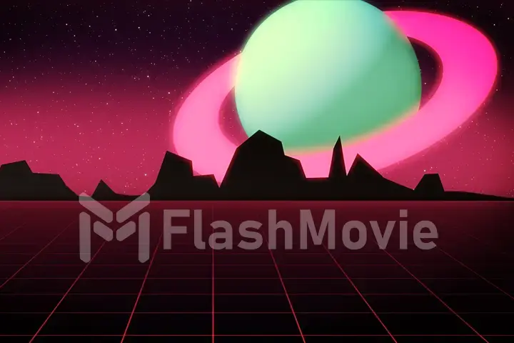 Retro futuristic background 1980s style. Digital landscape in a cyber world. Retro Wave music album cover template with sun, space, mountains and laser grid on terrain. 3d illustration