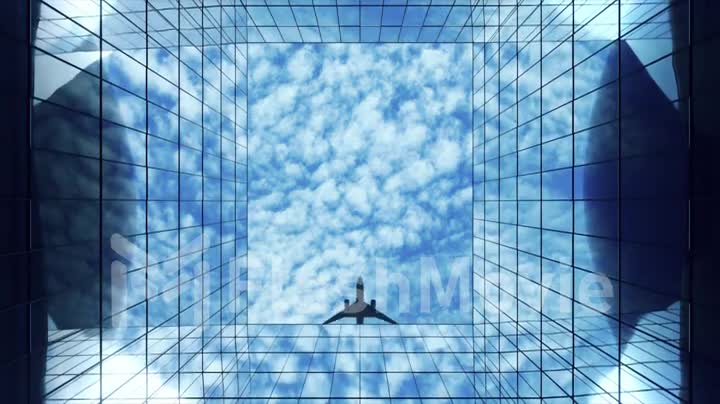 Passenger plane flying in the sky with clouds over a modern glass building. Bottom view. Travel concept. 3d animation.