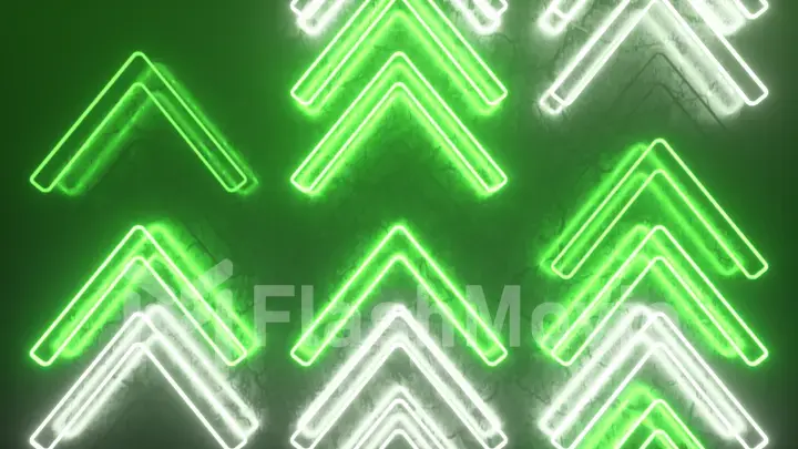 Bright neon arrows on a metal surface indicate the direction of movement. Abstract laser background. 3d illustration