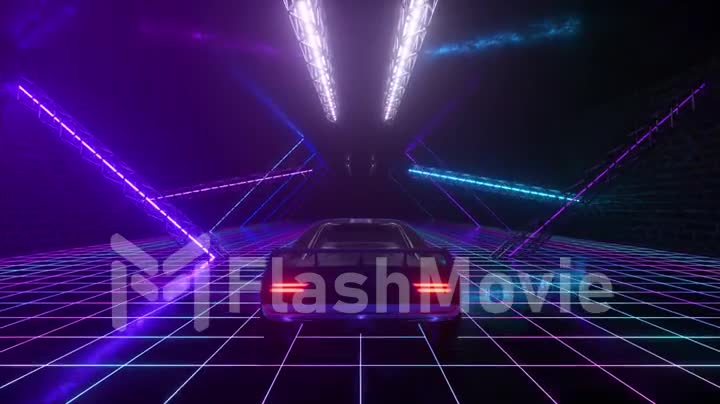 3d cyberpunk retro style. Synthwave. The car is driving in the neon tunnel. Seamless loop 3d render