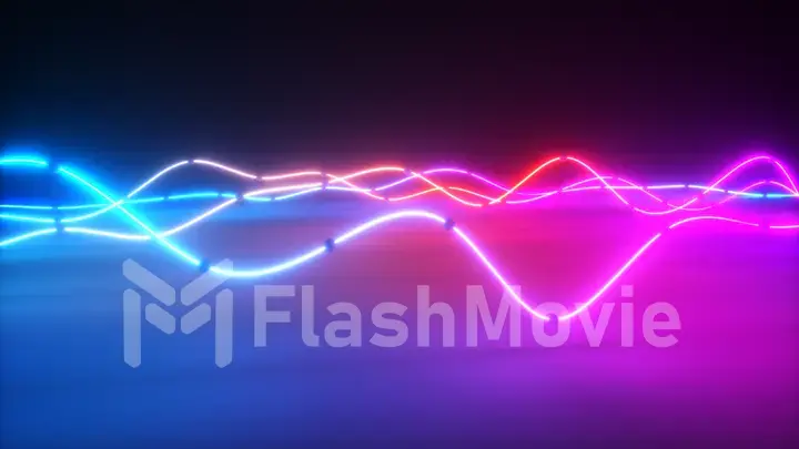 Colorful bright neon glowing graphic equalizer. Ultraviolet signal spectrum, laser show, energy, sound vibrations and waves. 3d illustration