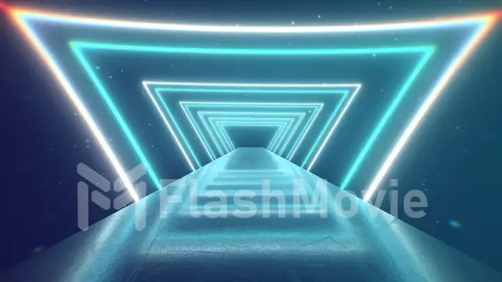 Flying through glowing rotating neon triangles creating a tunnel, blue red pink violet spectrum, fluorescent ultraviolet light, modern colorful lighting, 3d illustration