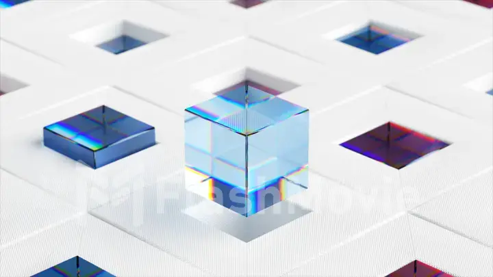 Abstract concept. Multi-colored cubes emerge from square cells on a white glossy surface. Up and down. 3d illustration