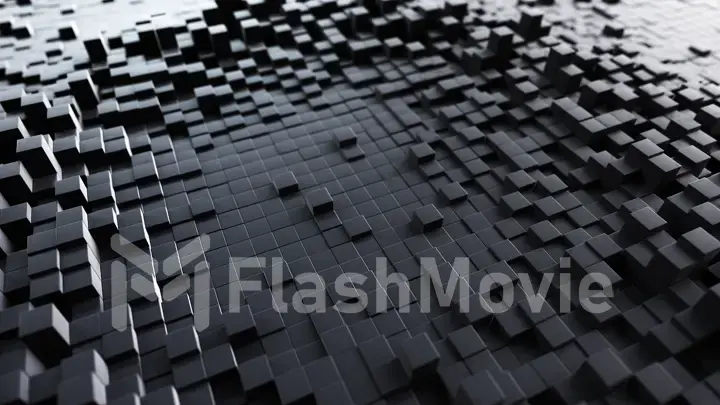 Abstract wave background with a black moving cubic surface. Geometric concept with random boxes or columns. Motion design template. 3d illustration. Technology composition. Radial ripple.