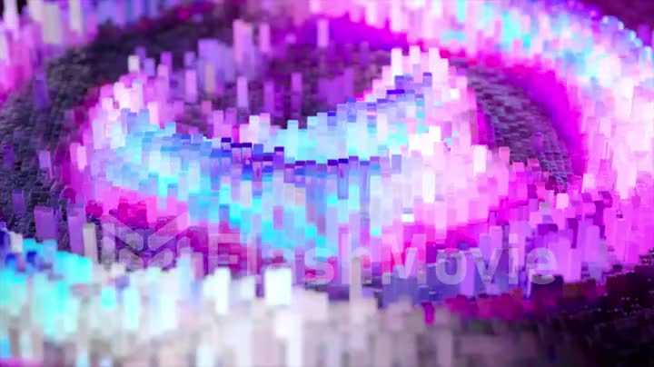 Abstract wave surface consisting of blocks moves in chaotic order. Blue pink color. 3d animation of seamless loop