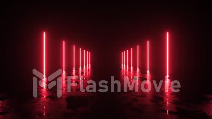 Futuristic sci fi bacgkround. Red neon lights glowing in a room with concrete floor with reflections of empty space. Alien, Spaceship, Future, Arch. Progress. 3D animation of seamless loop.