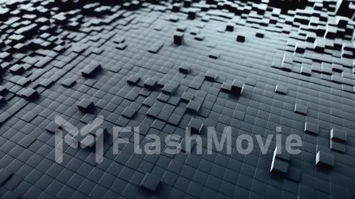 Abstract wave background with a black moving cubic surface. Geometric concept with random boxes or columns. Motion design template. Seamless loop 4k 3d render. Technology composition. Radial ripple.
