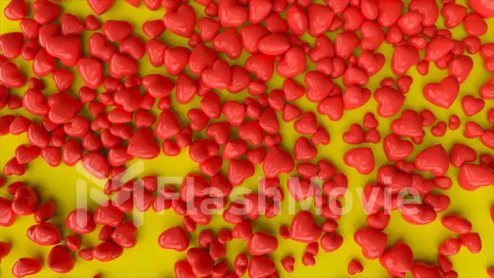 Many red hearts falling into the pile of hearts on pink background. 3d illustration