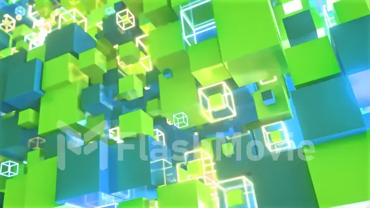 Abstract motion of colorful cubes with neon glowing cubes. 3d illustration