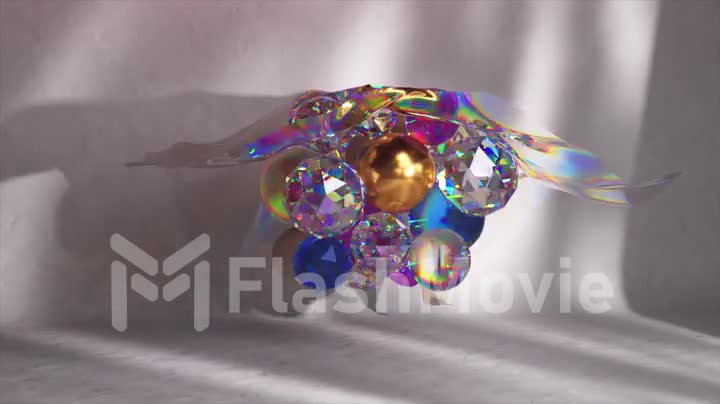 A group of live multi-colored balls is covered with a transparent cloth. Gold, diamond, pink, rainbow color. Shadow.