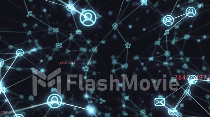 Background of randomly moving network and internet related things. Online shopping, social networks, connections, global connections. Seamless loop 4k animation