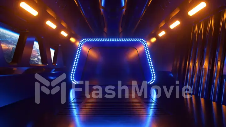 Sci-fi tunnel in outer space with neon light. Planet Earth outside the window of the spaceship. Space technology concept. 3d illustration