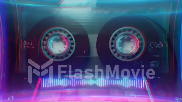 Rotating tape on an old vintage cassette. Retro music concept. Neon equalizer. Vintage neon lighting. 3d illustration