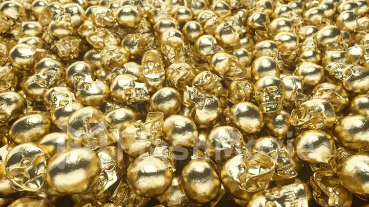 A bunch of golden skulls lie on top of each other. The concept of greed. 3d illustration