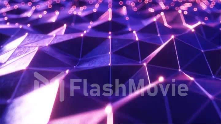 Flying over the landscape of a relief area in a retro futuristic style with a neon grid and luminous spheres. Modern ultraviolet light. Seamless loop 4k animation