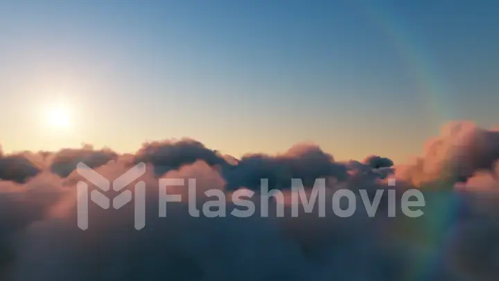 Beautiful realistic flight over cumulus lush clouds at sunset. 3d illustration