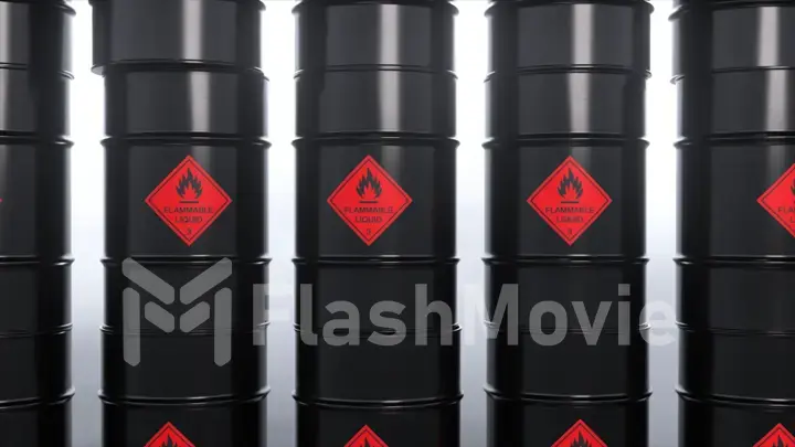 Rows of black metal barrels with oil. Warehouse of toxic materials. Life threatening. Embargo. 3d illustration