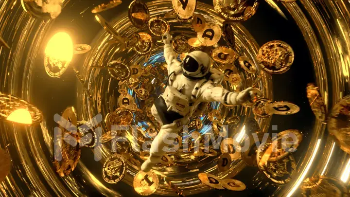 Falling astronaut in outer space surrounded by flying dogecoins. Cryptocurrency concept in space. Black hole. Interstellar. 3d illustration