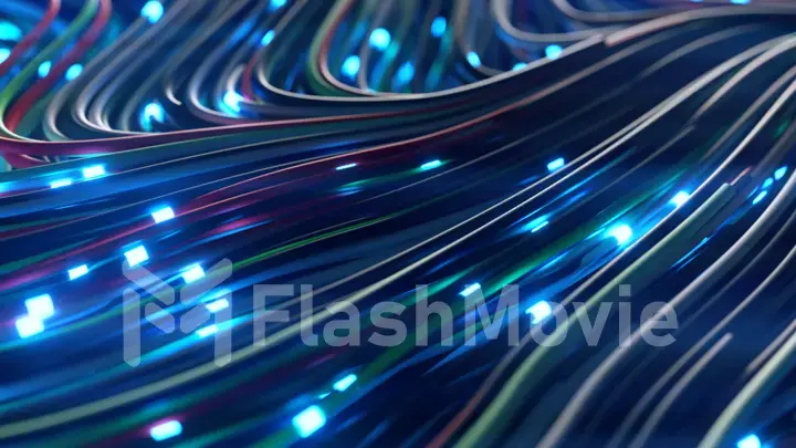 Bundles of abstract optical fiber lines. Bright light signals quickly transmit data for high speed internet connection. Technology and internet concept. 3d illustration