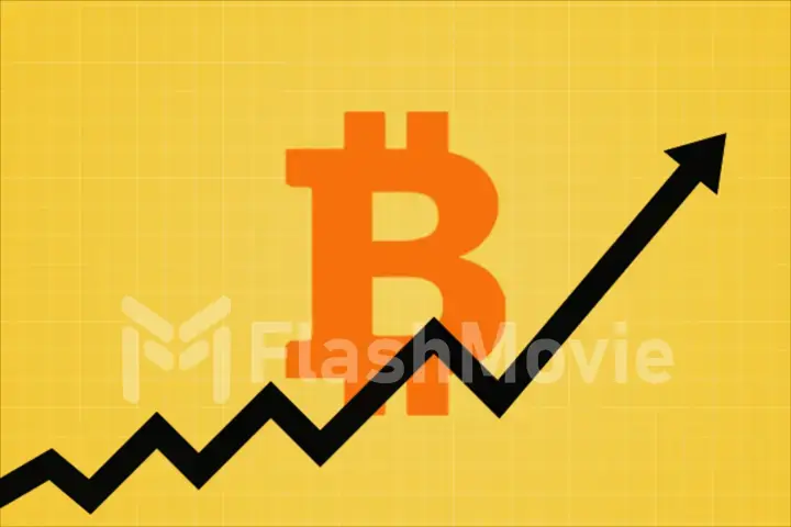 flat icon design of uptrend line arrow breaking through bitcoin sign on yellow color background