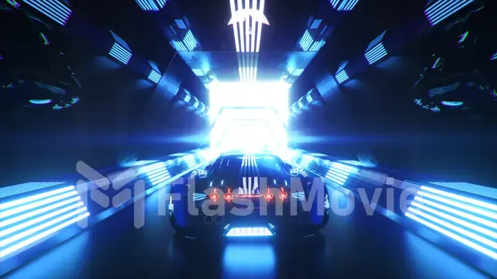 The car rushes at high speed through an endless neon technology tunnel. Futuristic concept. 3d illustration
