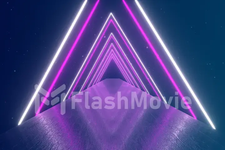 Flying through glowing rotating neon triangles creating a tunnel, blue red pink violet spectrum, fluorescent ultraviolet light, modern colorful lighting, 3d illustration