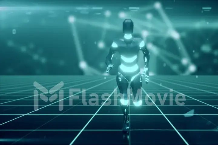 A futuristic humanoid robot, running through a sci-fi grid surface. 3d illustration