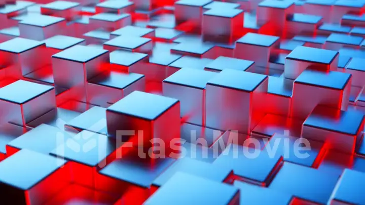 Abstract blue red metallic background from cubes. Wall of a metal cube. 3d illustration