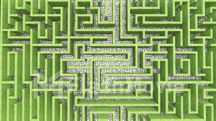 3d illustration flight over labyrinths from grass walls