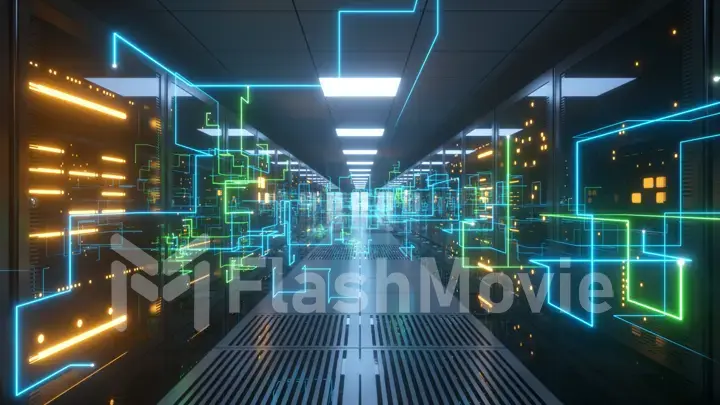 Digital information travels through fiber optic cables through the network and data servers behind glass panels in the server room of the data center. High speed digital lines 3d illustration
