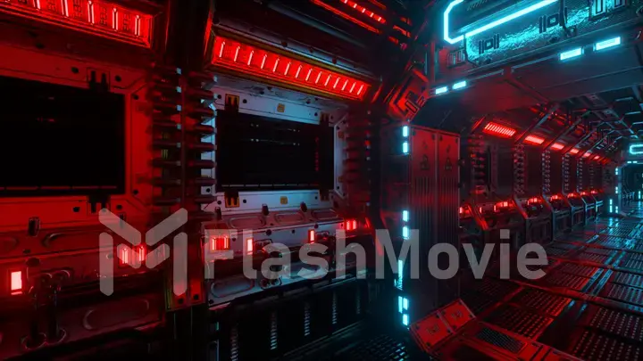 Flying into spaceship tunnel, sci-fi spaceship corridor. Futuristic technology for technical titles and backgrounds. Internet traffic graphics, speed. 33d illustration