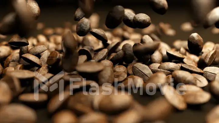 3d illustration of falling coffee beans in slow motion. Coffee grains are poured on the table and beat together