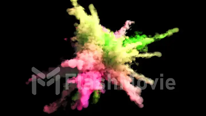 Explosion of colorful multicolored smoke and powder in slow motion against black background 3d illustration