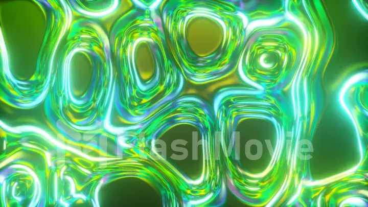 Abstract glowing 3d render holographic oil surface background, foil wavy surface, wave and ripples, ultraviolet modern light, neon blue green spectrum colors. 3d illustration
